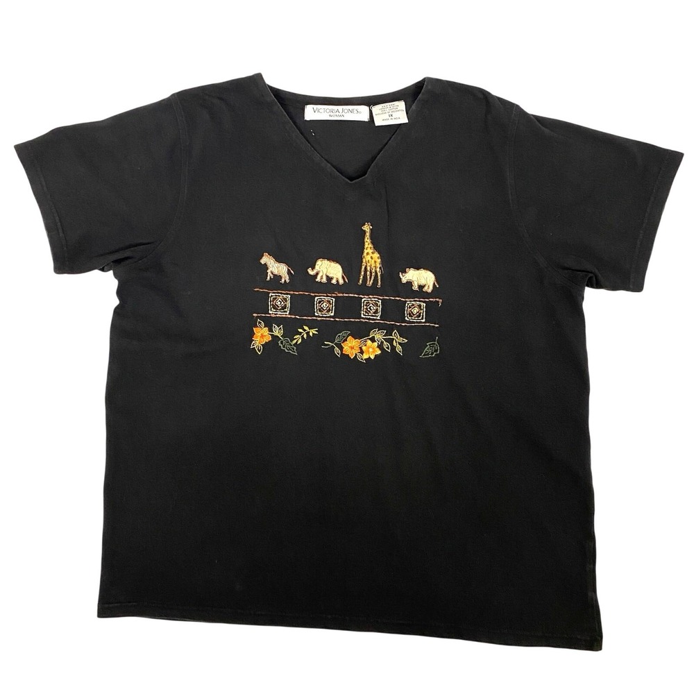 Vtg 90s Y2K T Shirt Womens L Embroidered Animals‎ Grannycore Cottagecore Kitsch